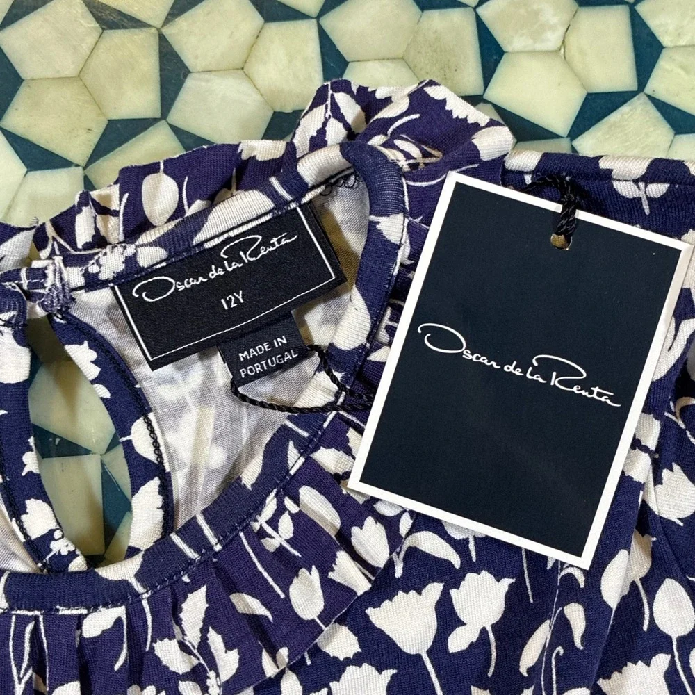 NWT Oscar de‎ la Renta Kids Blue Floral Print Long Sleeve Dress Size 12Y